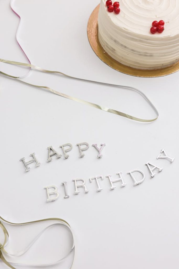 a-happy-birthday-greeting-on-a-white-surface-beside-a-white-cake-8015251 Delicious birthday cake with ribbons and Happy Birthday text on a white background.